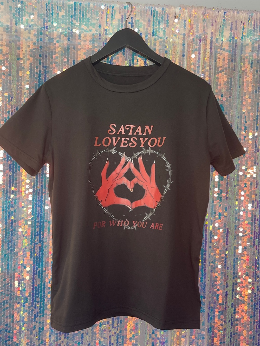 Black Graphic Tee "Satan Loves You for who you are" with Red Heart Hands tshirt
